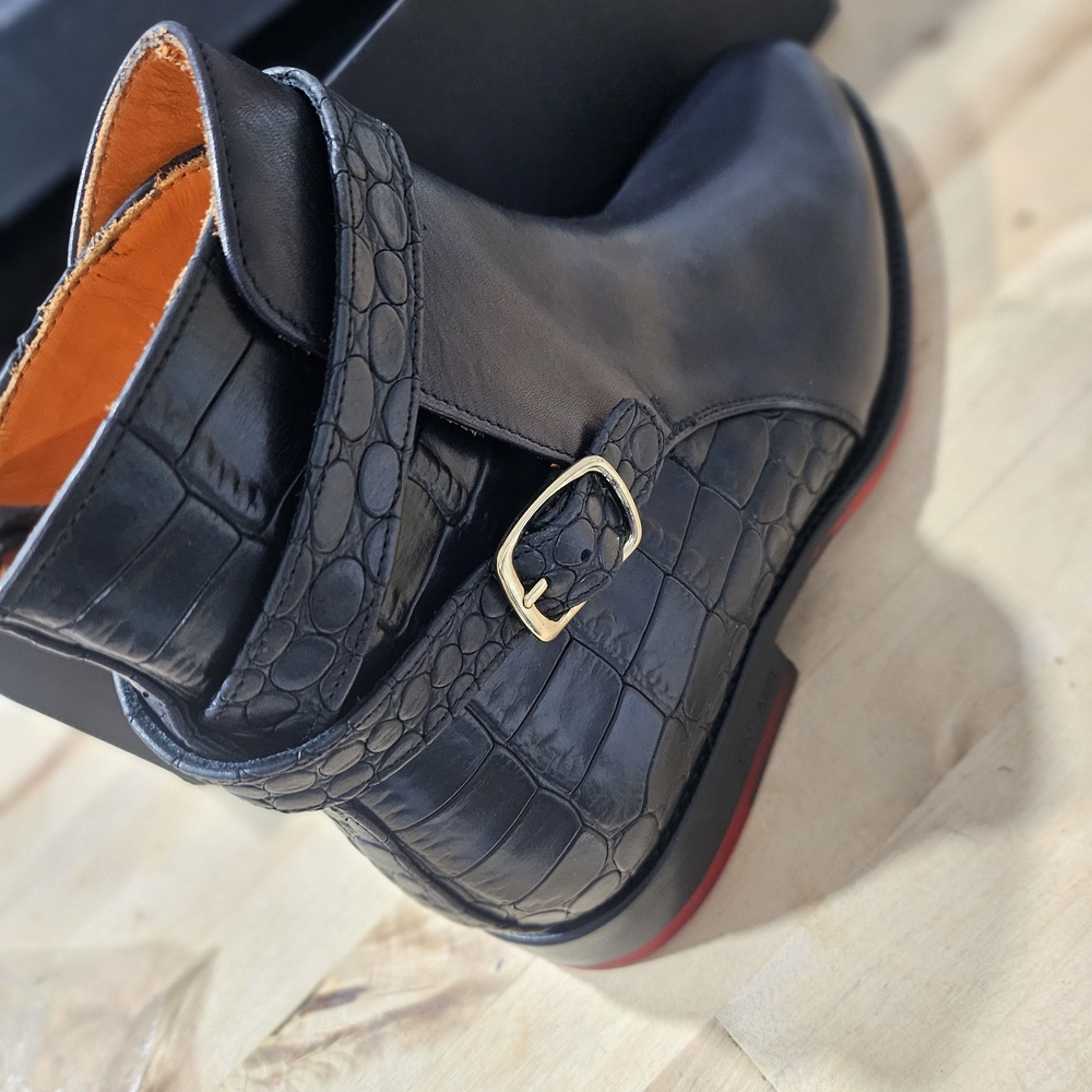 Custom Italian Taft Black Croc-Patterned Ankle Boots